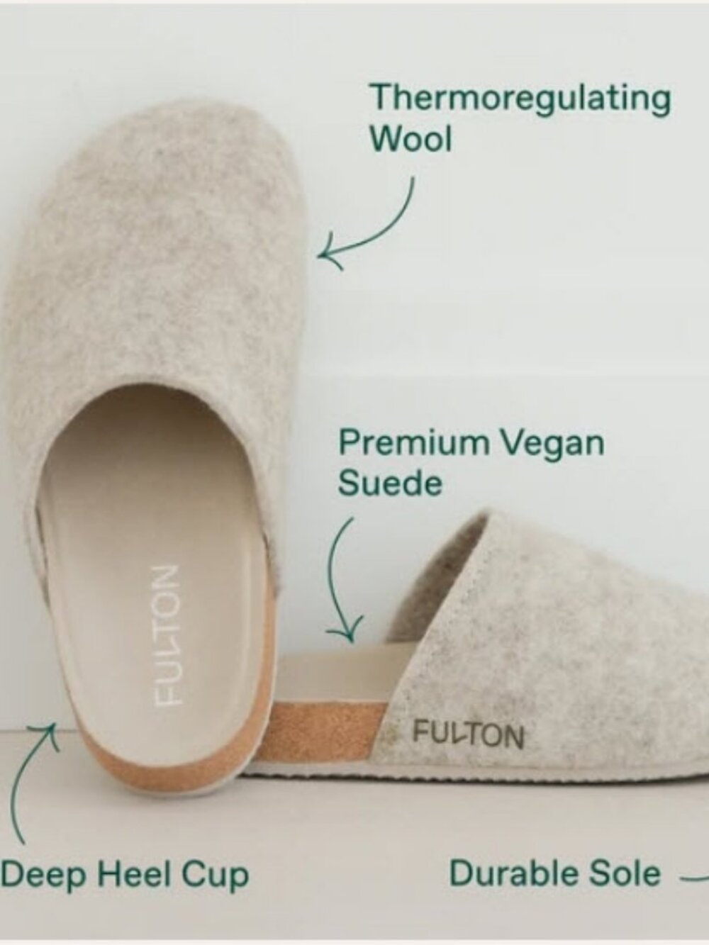NWOT Womens Fulton Taupe-Beige Flat Cork Wool Comfort House Slipper Mule 7